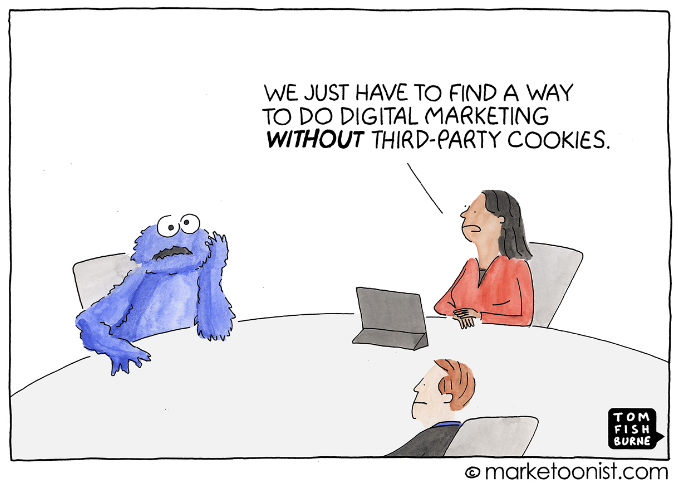 Cookie Monster sits at a table with digital marketers. One of the marketers has a speech bubble over their head that reads "We just have to find a way to do digital marketing without third-party cookies."