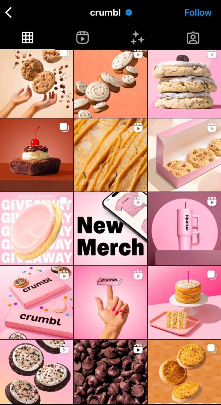 Crumbl's Instagram feed, a 3 x 5 grid highlighting some of Crumbl's recent Instagram posts featuring photos of their latest cookie offerings with their signature pink branding