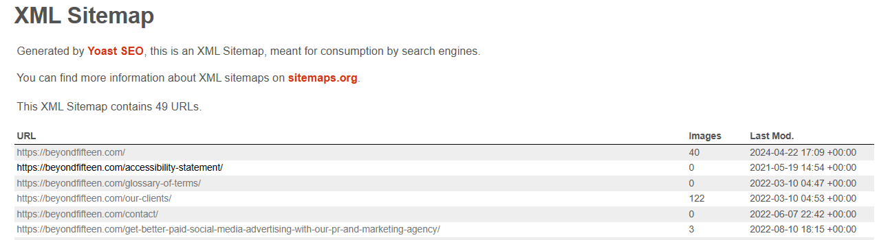 Snippet of an XML sitemap showcasing main public pages of a digital marketing and PR agency site.