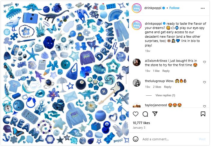 a scroll-stopping social media ad from soda brand, Poppi encouraging viewers to find the hidden image of a can among other similar colored items