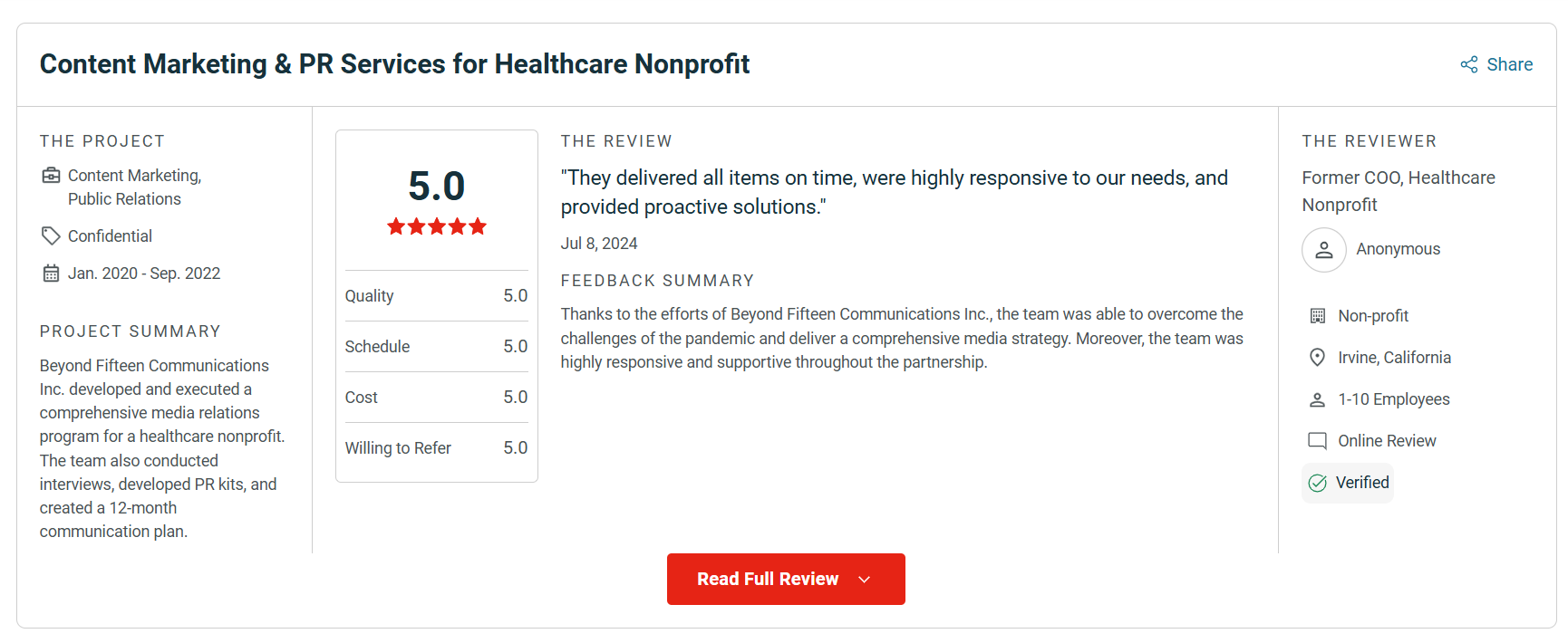 A 5-star Clutch review for marketing and PR agency, Beyond Fifteen, serves as a form of social proof building brand trust